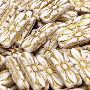 8pcs Czech Pressed Glass Rectangular Beads with Floral Motif 20x8mm Chalk White Golden Fired Color